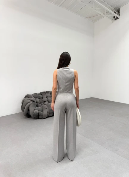 Toskana Çi̇zgi̇li̇ Kruvaze Yaka Tek Düğmeli̇ Yelek Pantolon Takim - Resim 2