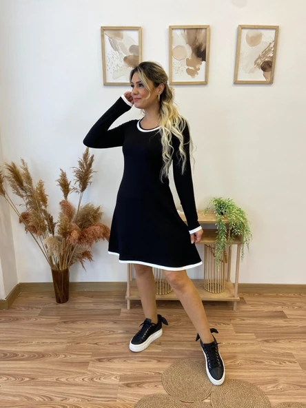Kadın Uzun Kollu Derin Yuvarlak Yakalı Kısa Viskon Iki Iplik Elbise - Resim 7