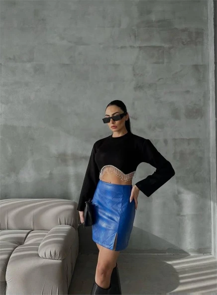 KAPİTONE DERİ ETEK YIRTMAÇLI - Saks ürün görseli