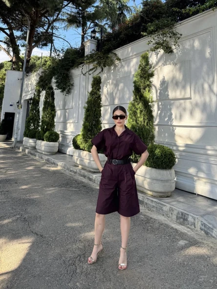 Yakalı Gömlek Kemerli Şortlu Takım - Bordo - 3