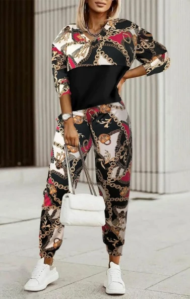 Kadın Uzun Kollu V Yaka Göğüs Altı Kadife Detay Mikro Ikili Takım - Resim 2