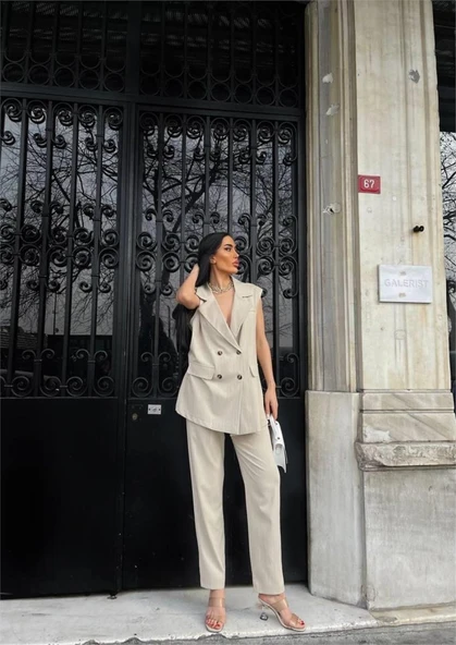 ÇİZGİLİ UZUN YELEK - PANTOLON TAKIM POLVİSCON - Bej - Resim 3