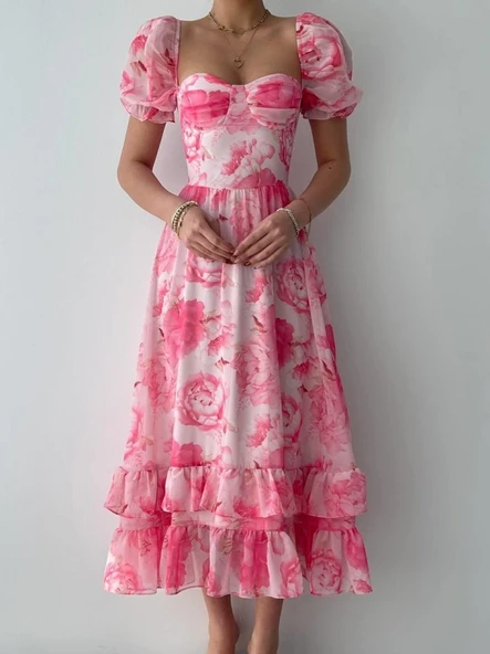 ŞİFON KUMAŞ DİJİTAL DESEN BASKILI ELBİSE - Resim 2