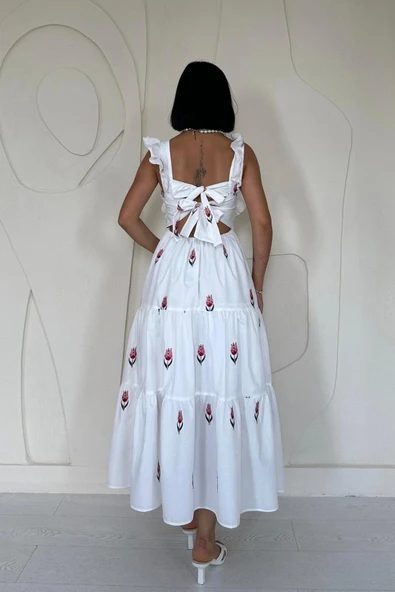 Kırmızı Sıfır Kol Fırfırlı Elbise - Resim 4