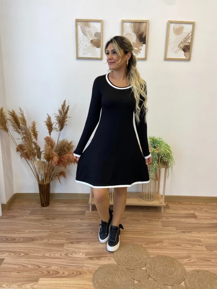 Kadın Uzun Kollu Derin Yuvarlak Yakalı Kısa Viskon Iki Iplik Elbise ürün görseli