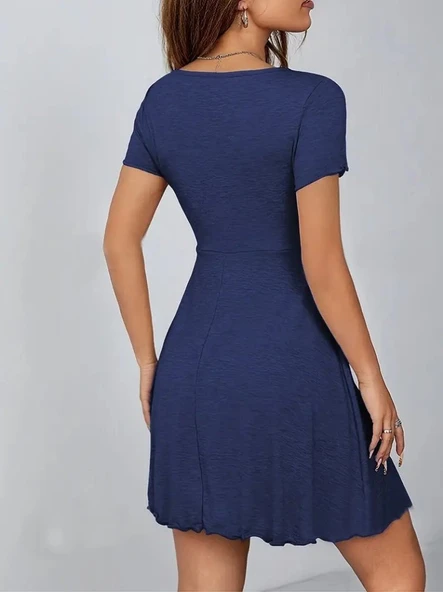 Kadın Kısa Kollu Derin Büzgülü V Yakalı Viskon Elbise - Resim 4