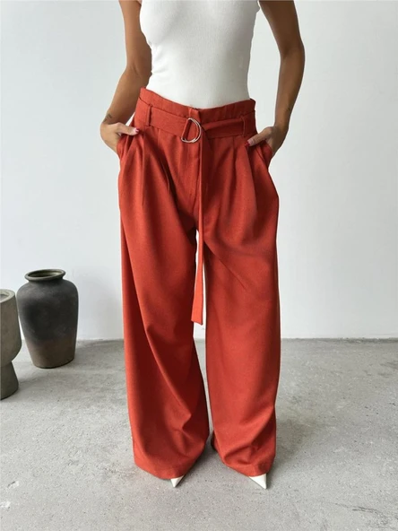 PALAZZO PANTOLON KUMAŞ KEMER DETAYLI - Kiremit - Resim 3