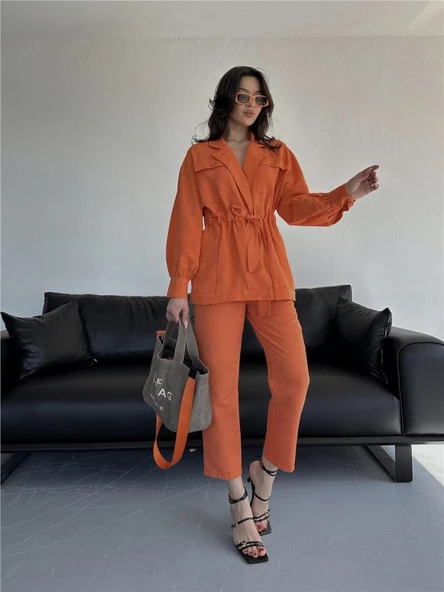 BEL BÜZGÜ DETAYLI PANTOLON - CEKET TAKIM KETEN - Turuncu ürün görseli