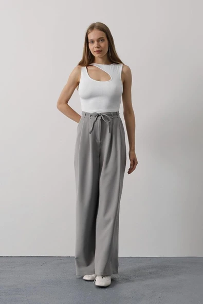 Pileli Bağcıklı Oversize Pantolon - Gri - Resim 2