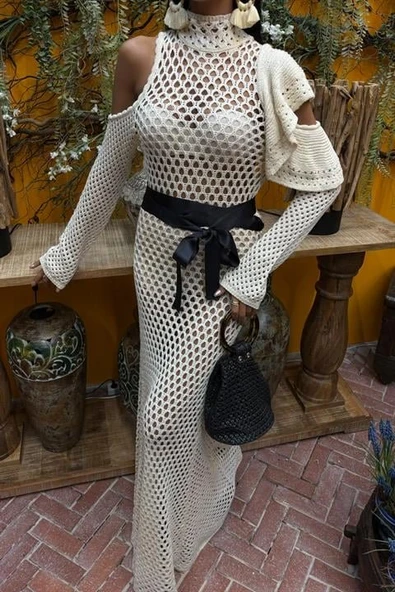 Saten Kuşaklı Ajurlu Triko Elbise 2847 - Resim 3