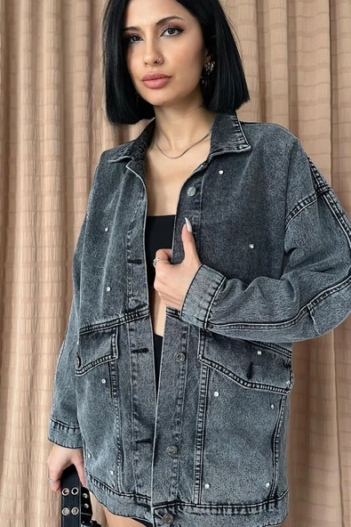 Siyah Taşlı Kot Ceket ürün görseli