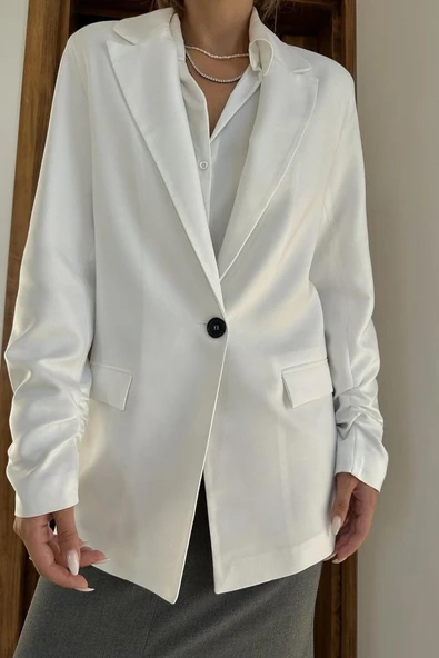 Ekru Kol Ucu Büzgülü Atlas Ceket - Resim 2