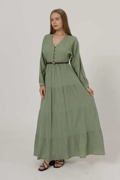 Önü Yarım Düğmeli Uzun Kol Kemerli Elbise - Haki - Resim 2