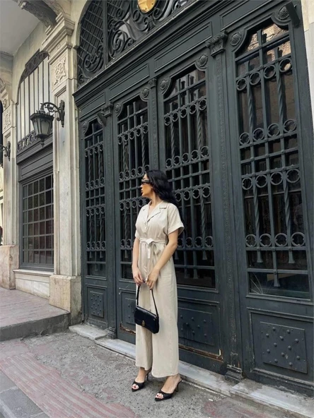 KETEN TULUM BEL BAĞLAMA DETAYLI - Krem - Resim 2