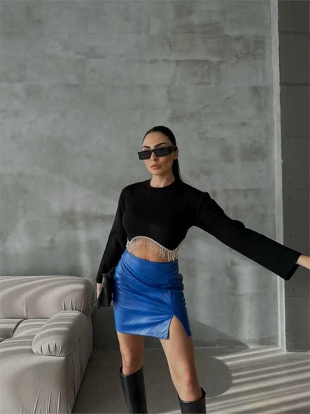 KAPİTONE DERİ ETEK YIRTMAÇLI - Saks - Resim 2