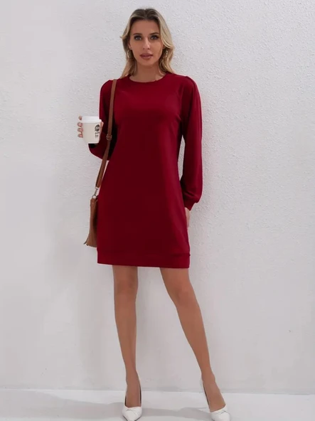 Kadın Uzun Kollu Bisiklet Yaka Iki Iplik Elbise - Resim 5