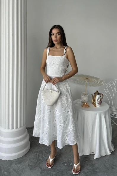 Beyaz Arkası Korse Detaylı Uzun Elbise - Resim 2