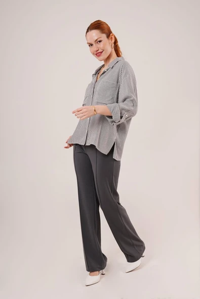 Yarasa Kol Çizgili Cep Detaylı Gri Gömlek - Resim 2