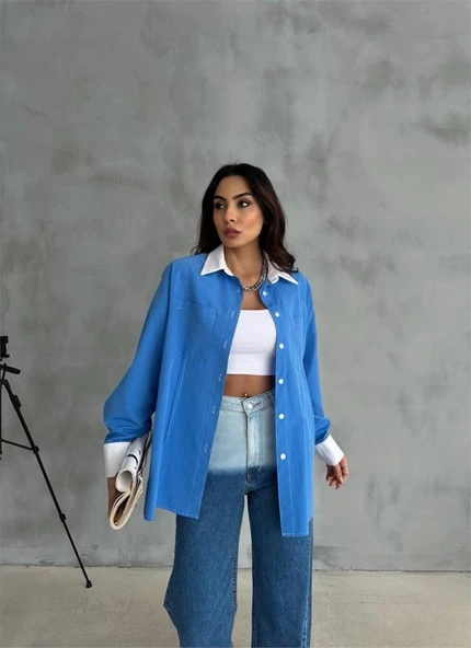 KOL VE MANŞET BEYAZ KAPALI PİLE DETAYLI GÖMLEK - Mavi ürün görseli