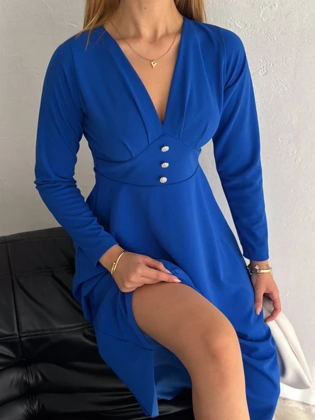 Kadın Krep Kumaş Düğme Detaylı V Yaka Uzun Kollu Midi Boy Elbise - Resim 2