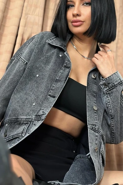 Siyah Taşlı Kot Ceket - Resim 2