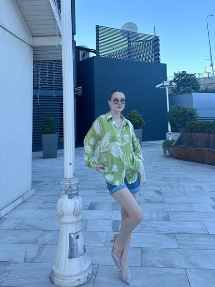 Kadın Uzun Kollu Dijital Baskılı Salaş Saten Gömlek - Resim 2