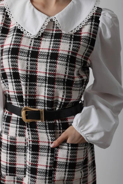 Ekoseli Gömlek Detaylı Elbise - Siyah - 4