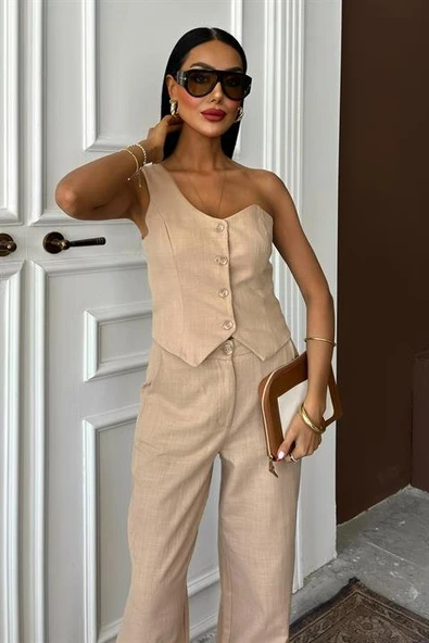 Tek Omuz Büstiyer Plazzo Pantolon Viscon Takım 10159 - Resim 9