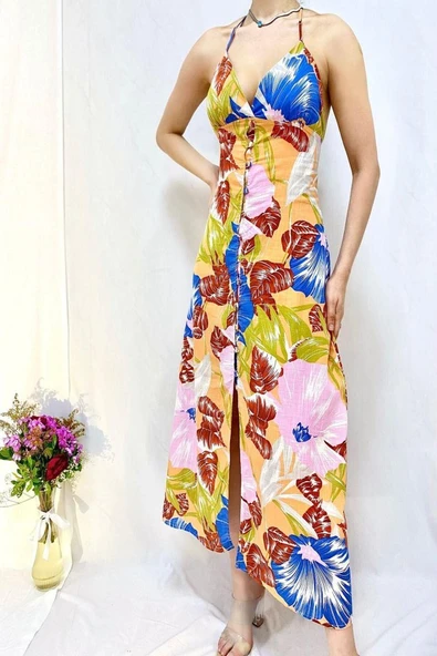 Mavi Sırt Dekolteli Keten Elbise ürün görseli