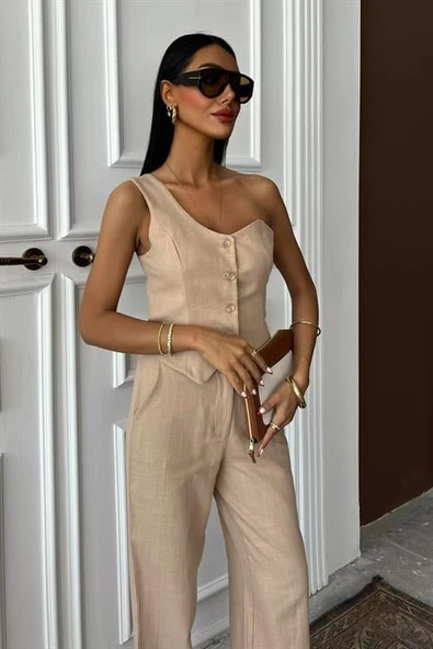 Tek Omuz Büstiyer Plazzo Pantolon Viscon Takım 10159 - Resim 3