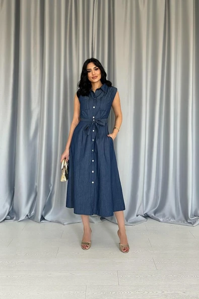 Mavi Tencel Çıtçıtlı Elbise - Resim 2