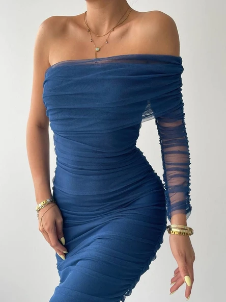 Polack Tek Omuz Tül Elbise - Resim 4