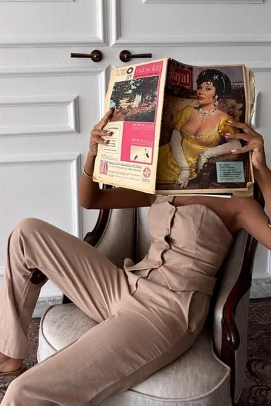 Tek Omuz Büstiyer Plazzo Pantolon Viscon Takım 10159 - Resim 5