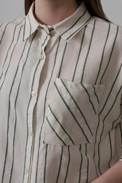 Çizgili Kısa Gömlek - Bej-Yeşil - Resim 4