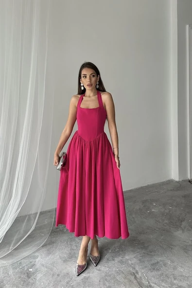 Fuşya Boyundan Bağlamalı Keten Elbise ürün görseli