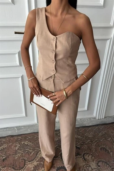 Tek Omuz Büstiyer Plazzo Pantolon Viscon Takım 10159 - Resim 7