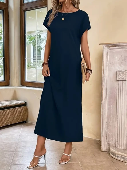 Kadın Uzun Kollu Yakası Açık Viskon Elbise - Resim 5