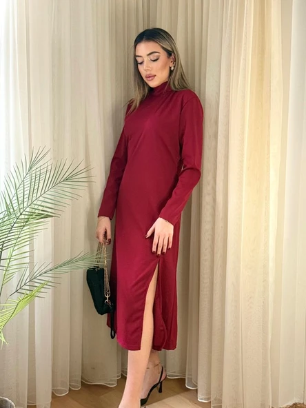 Kadın Uzun Kollu Balıkçı Yaka Derin Yırtmaç Detay Krep Elbise - Resim 5