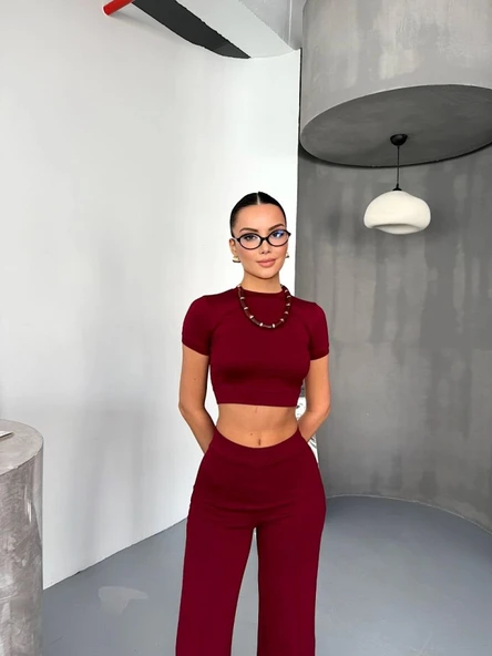 Osy Modal Yumuşak Dokulu Kumaş Kısa Kollu Crop Alt Ispanyol Paça Pantalon Ikili Takım - Bordo - Resim 4