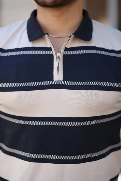 Erkek Yakalı Fermuarlı çift Renk Kısa Kollu T-shirt - Resim 3