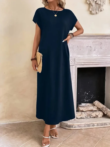 Kadın Uzun Kollu Yakası Açık Viskon Elbise - Resim 2