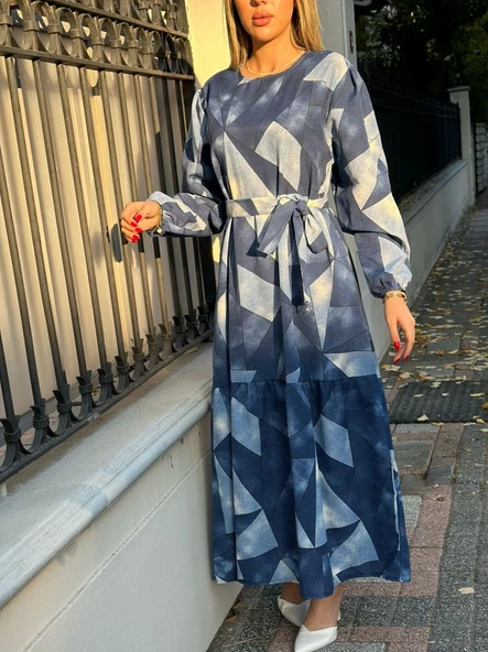 Kadın Uzun Kollu Bisiklet Yaka Geometrik Desen Baskılı Kuşak Dahil Maxi Boy Elbise - Resim 5