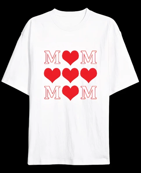 Anneler Gününe Özel Tasarım MOM Kalp Baskılı T-shirt - Beyaz ürün görseli