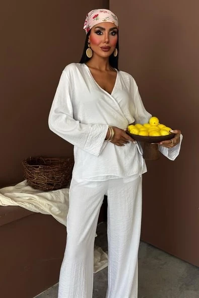 Kruvaze Model Klasik Pantolonlu Çupra Keten Takım 10191 - Resim 4