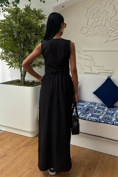 Etek Yırtmaçlı Yelekli Keten Takım 10131 - Resim 7