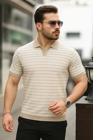 Erkek Kısa Kollu çizgi Desenli örme Kumaş Tshirt ürün görseli