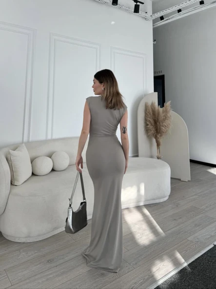 Kolsuz Uzun Likralı Elbise - Gri - Resim 4