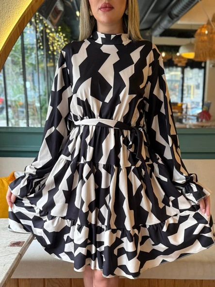 Kadın Uzun Kollu Yarı Balıkçı Yaka Geometrik Desen Kısa şardonlu Dalgıç Elbise - Resim 2