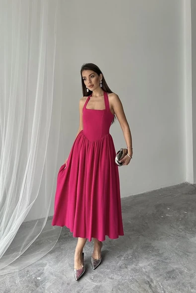 Fuşya Boyundan Bağlamalı Keten Elbise - Resim 3
