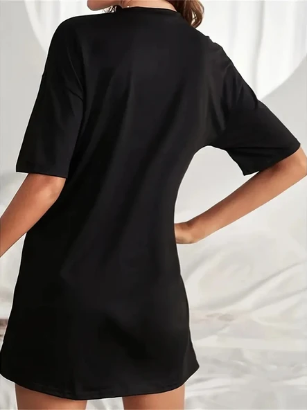 Kadın Kısa Kollu Yazı Baskılı Basic Mini Elbise - Resim 2